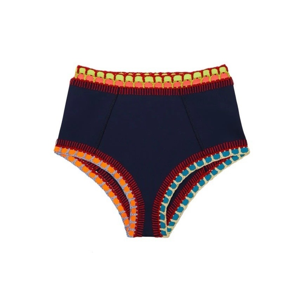 Kiini Tasmin High Rise Bikini Bottoms Navy Blue Multi Crochet Trim Sz Large Boho